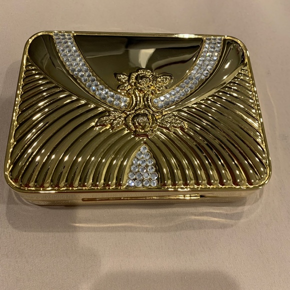 Square-Shaped Goldtone Metallic Evening Bag w/ Rhinestones and Floral Embossed - Picture 1 of 8